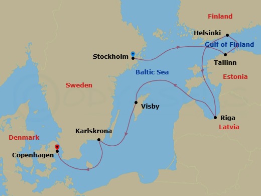 7 Night - Stockholm / Copenhagen - Evrima - Starting in Stockholm, Tallinn, Helsinki, Riga, Visby, Gotland, Karlskrona, Copenhagen itinerary map