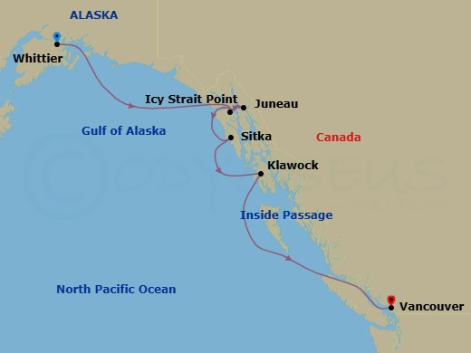 7 Night - Whittier / Vancouver - Luminara - Starting in Whittier, Icy Strait Point, Juneau, Sitka, Klawock, Vancouver itinerary map
