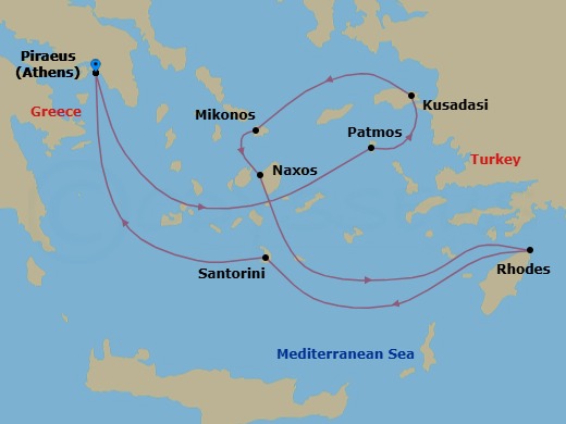 7 Night - Athens (Piraeus) / Athens (Piraeus) - Ilma - Starting in Athens (Piraeus), Patmos, Kusadasi, Mykonos, Naxos, Rhodes, Santorini, Athens (Piraeus) itinerary map