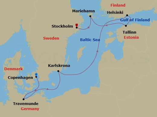 7 Night - Copenhagen / Stockholm - Evrima - Starting in Copenhagen, Travemunde, Karlskrona, Helsinki, Tallinn, Mariehamn, Aland Islands, Stockholm itinerary map
