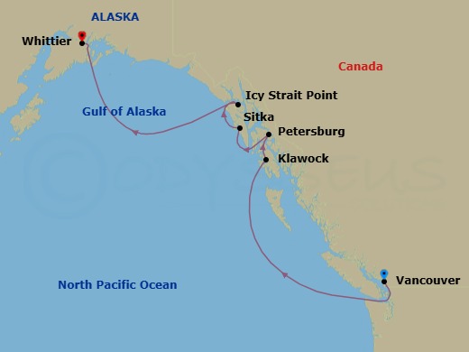 7 Night - Vancouver / Whittier - Luminara - Starting in Vancouver, Klawock, Petersburg, Sitka, Icy Strait Point, Whittier itinerary map