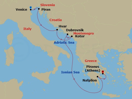 7 Night - Venice / Athens (Piraeus) - Ilma - Starting in Venice, Piran, Hvar, Kotor, Dubrovnik, Croatia, Nafplio, Athens (Piraeus) itinerary map