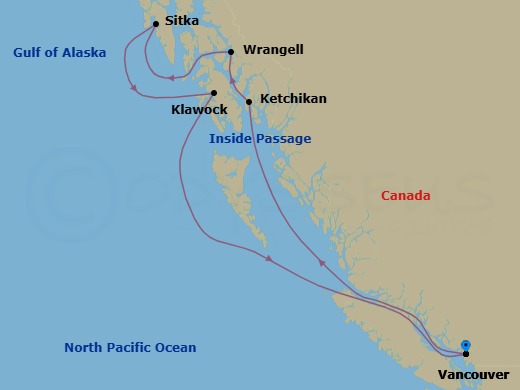 8 Night - Vancouver / Vancouver - Luminara - Starting in Vancouver, Ketchikan, Wrangell, Sitka, Sailing by the Tracy Arm Glacier, Klawock, Vancouver itinerary map