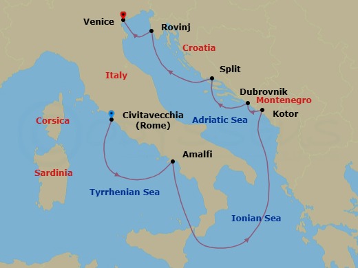 7 Night - Rome (Civitavecchia) / Venice - Ilma - Starting in Rome (Civitavecchia), Amalfi, Kotor, Dubrovnik, Croatia, Split, Rovinj, Venice itinerary map