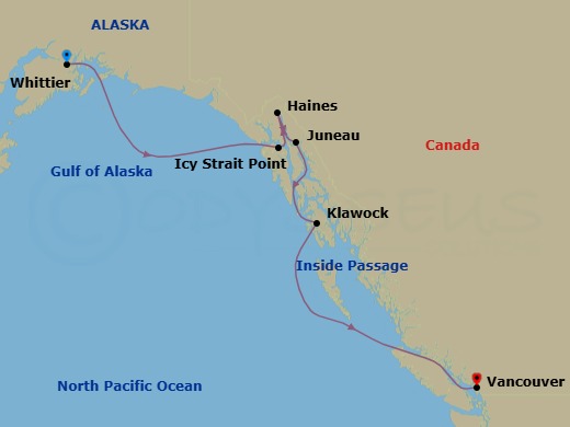 7 Night - Whittier / Vancouver - Luminara - Starting in Whittier, Icy Strait Point, Haines, Juneau, Klawock, Vancouver itinerary map