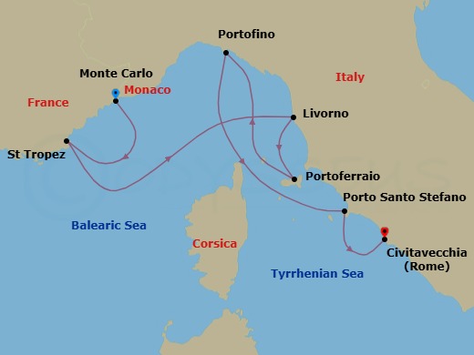 7 Night - Monte Carlo / Rome (Civitavecchia) - Ilma - Starting in Monte Carlo, Saint-Tropez, Livorno, Portoferraio, Elba, Portofino, Porto Santo Stefano, Rome (Civitavecchia) itinerary map