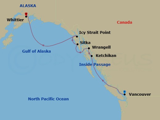 7 Night - Vancouver / Whittier - Luminara - Starting in Vancouver, Ketchikan, Wrangell, Sitka, Icy Strait Point, Whittier itinerary map