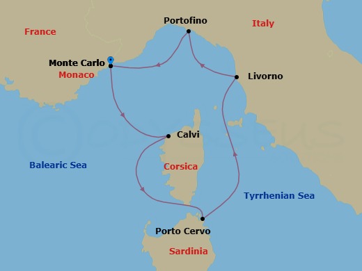 5 Night - Monte Carlo / Monte Carlo - Ilma - Starting in Monte Carlo, Calvi, Corsica, Porto Cervo, Sardinia, Livorno, Portofino, Monte Carlo itinerary map