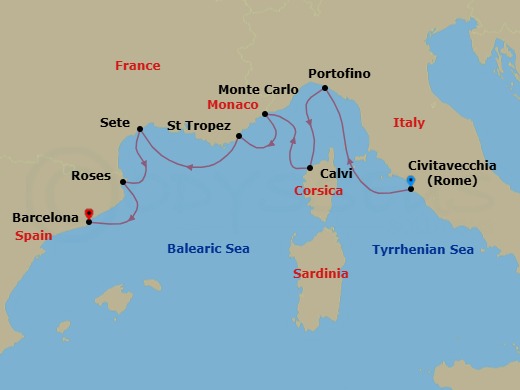 7 Night - Rome (Civitavecchia) / Barcelona - Evrima - Starting in Rome (Civitavecchia), Portofino, Calvi, Corsica, Monte Carlo, Saint-Tropez, Sete, Roses, Barcelona itinerary map