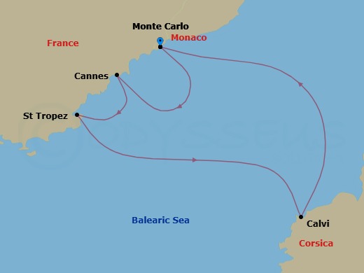 4 Night - Monte Carlo / Monte Carlo - Ilma - Starting in Monte Carlo, Cannes, Saint-Tropez, Calvi, Corsica, Monte Carlo itinerary map