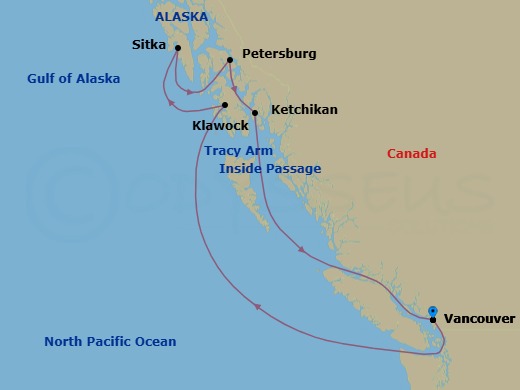 8 Night - Vancouver / Vancouver - Luminara - Starting in Vancouver, Klawock, Sitka, Sailing by the Tracy Arm Glacier, Petersburg, Ketchikan, Vancouver itinerary map