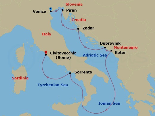 7 Night - Venice / Rome (Civitavecchia) - Evrima - Starting in Venice, Piran, Zadar, Dubrovnik, Croatia, Kotor, Sorrento, Rome (Civitavecchia) itinerary map