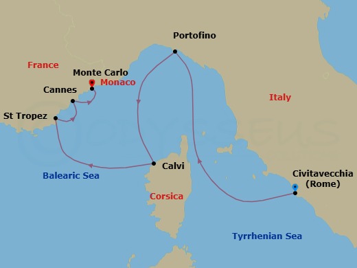5 Night - Rome (Civitavecchia) / Monte Carlo - Ilma - Starting in Rome (Civitavecchia), Portofino, Calvi, Corsica, Saint-Tropez, Cannes, Monte Carlo itinerary map