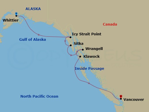 7 Night - Whittier / Vancouver - Luminara - Starting in Whittier, Icy Strait Point, Sitka, Wrangell, Klawock, Vancouver itinerary map