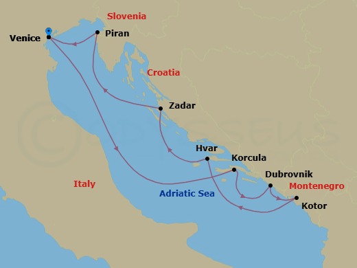 7 Night - Venice / Venice - Evrima - Starting in Venice, Korcula, Dubrovnik, Croatia, Kotor, Hvar, Zadar, Piran, Venice itinerary map