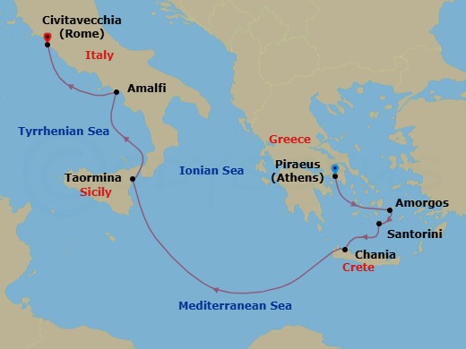 7 Night - Athens (Piraeus) / Rome (Civitavecchia) - Ilma - Starting in Athens (Piraeus), Amorgos, Santorini, Chania (Souda), Crete, Taormina (Naxos), Sicily, Amalfi, Rome (Civitavecchia) itinerary map