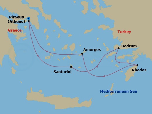 5 Night - Athens (Piraeus) / Athens (Piraeus) - Ilma - Starting in Athens (Piraeus), Santorini, Bodrum, Rhodes, Amorgos, Athens (Piraeus) itinerary map
