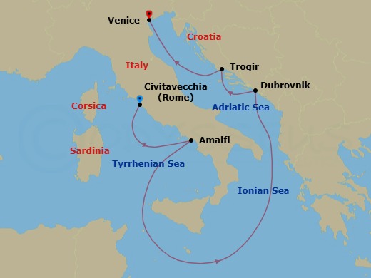 5 Night - Rome (Civitavecchia) / Venice - Evrima - Starting in Rome (Civitavecchia), Amalfi, Dubrovnik, Croatia, Trogir, Venice itinerary map