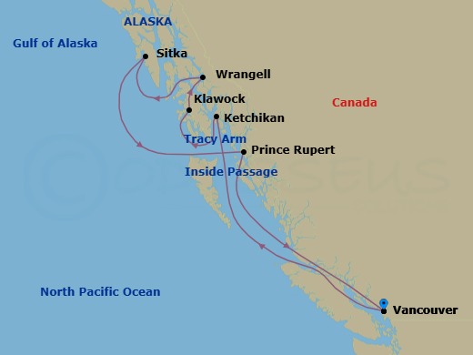 9 Night - Vancouver / Vancouver - Luminara - Starting in Vancouver, Ketchikan, Klawock, Wrangell, Sitka, Sailing by the Tracy Arm Glacier, Prince Rupert, Vancouver itinerary map