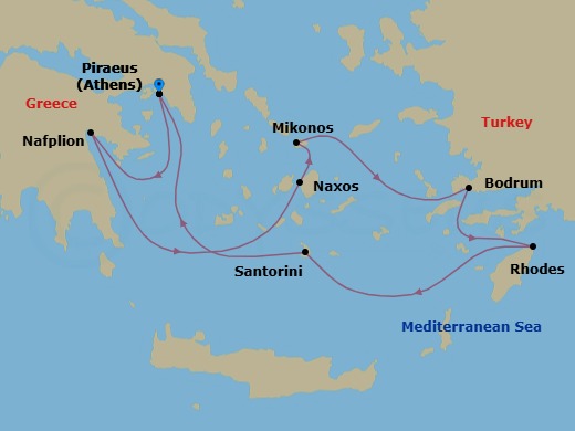 7 Night - Athens (Piraeus) / Athens (Piraeus) - Ilma - Starting in Athens (Piraeus), Nafplio, Naxos, Mykonos, Bodrum, Rhodes, Santorini, Athens (Piraeus) itinerary map