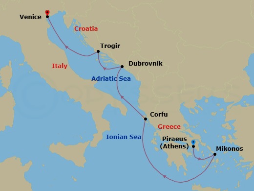 7 Night - Athens (Piraeus) / Venice - Ilma - Starting in Athens (Piraeus), Mykonos, Corfu, Dubrovnik, Croatia, Trogir, Venice itinerary map