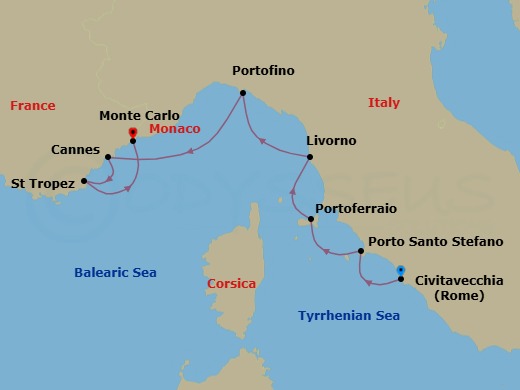7 Night - Rome (Civitavecchia) / Monte Carlo - Evrima - Starting in Rome (Civitavecchia), Porto Santo Stefano, Portoferraio, Elba, Livorno, Portofino, Cannes, Saint-Tropez, Monte Carlo itinerary map
