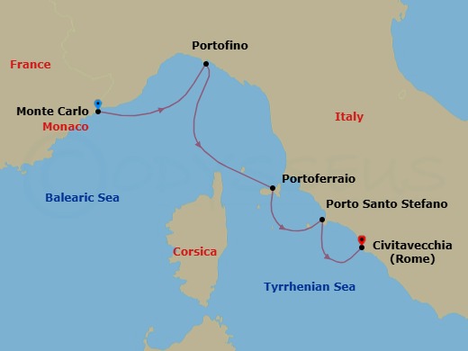 4 Night - Monte Carlo / Rome (Civitavecchia) - Evrima - Starting in Monte Carlo, Portofino, Portoferraio, Elba, Porto Santo Stefano, Rome (Civitavecchia) itinerary map