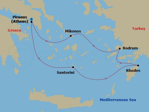 5 Night - Athens (Piraeus) / Athens (Piraeus) - Ilma - Starting in Athens (Piraeus), Mykonos, Bodrum, Rhodes, Santorini, Athens (Piraeus) itinerary map
