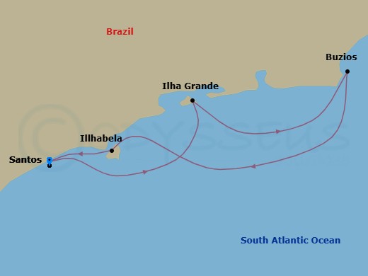 5 Night - South America - MSC Divina - Starting in Santos (Sao Paulo), Brazil, Ilha Grande, Brazil, Buzios, Brazil, Ilhabela, Brazil, Santos (Sao Paulo), Brazil itinerary map