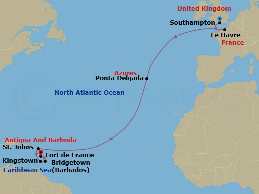 14 Night - Msc Grand Voyages - MSC Meraviglia - Starting in Southampton (London), United Kingdom, Le Havre (Paris), France, Ponta Delgada (Azores), Portugal, St Johns AG, Antigua, Kingstown, St Vincent and the Grenadines, Bridgetown, Barbados, Fort-de-France, Martinique itinerary map