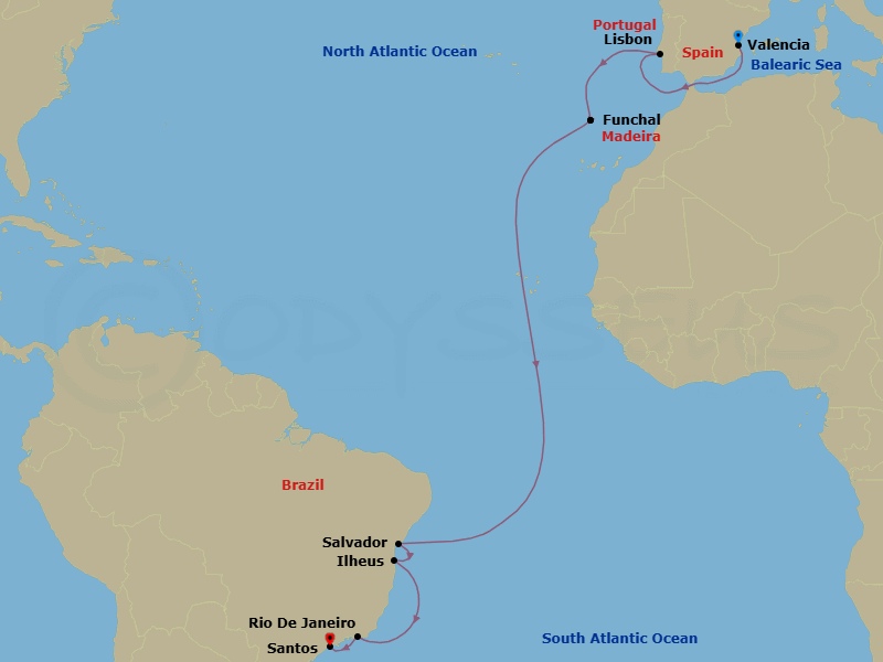 15 Night - Msc Grand Voyages - MSC Musica - Starting in Valencia, Spain, Lisbon (Cascais), Portugal, Funchal (Madeira Islands), Portugal, Salvador, Brazil, Ilheus, Brazil, Rio De Janeiro, Brazil, Santos (Sao Paulo), Brazil itinerary map