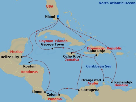 21 Night - Caribbean and Antilles - MSC Poesia - Starting in Miami, Florida, Ocho Rios, Jamaica, Cartagena CO, Colon, Panama, Puerto Limon, Costa Rica, Roatan Island, Honduras, Belize City, Belize, Miami, Florida, Kralendijk, Bonaire, Oranjestad, Aruba, Cabo Rojo, Dominican Republic, Ocho Rios, Jamaica, George Town, Cayman Islands, Miami, Florida itinerary map