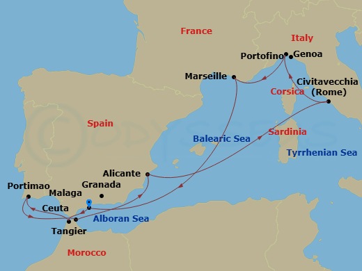 10 Night - Mediterranean - MSC Sinfonia - Starting in Malaga (Granada), Spain, Tangier (Tetouan), Morocco, Portimao, Portugal, Ceuta, Spain, Alicante, Spain, Civitavecchia (Rome), Italy, Genoa (Portofino), Italy, Marseille (Provence), France, Malaga (Granada), Spain itinerary map