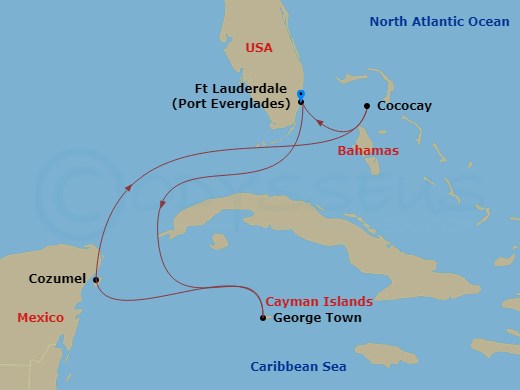 Celebrity Reflection - 6 Night - Cayman, Mexico & Perfect Day - Celebrity Reflection - Starting in Fort Lauderdale, Florida, George Town, Grand Cayman, Cozumel, Mexico, Perfect Day.. itinerary map
