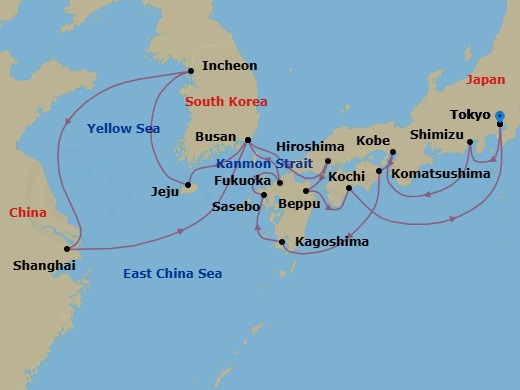 24 Night - Japan Roundtrip from Tokyo - Silver Muse - Starting in Tokyo, Shimizu, Kobe, Komatsushima, Kagoshima, Sasebo, Fukuoka, Busan, Jeju, Incheon, Shanghai, Busan, Hiroshima, Beppu, Kochi, Tokyo itinerary map