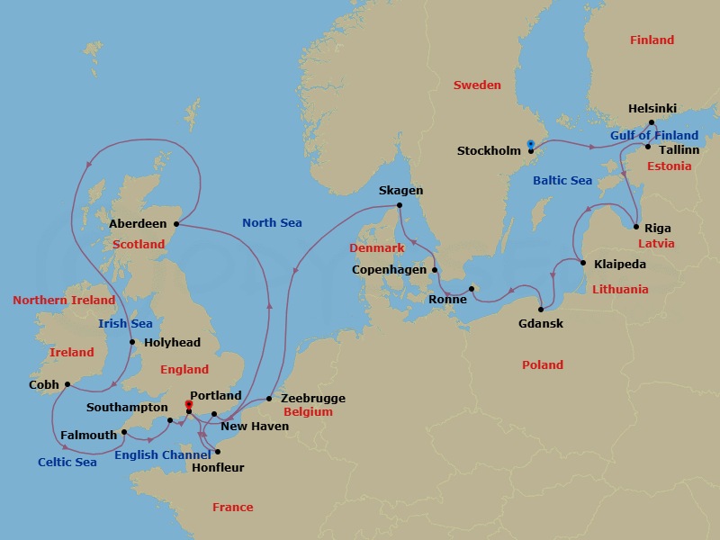 21 Night - Northern Europe from Stockholm to Southampton - Silver Spirit - Starting in Stockholm, Helsinki, Tallinn, Riga, Klaipeda, Gdansk, Ronne, Copenhagen, Skagen, Zeebrugge, Southampton, Honfleur, Newhaven (Edinburgh), Aberdeen, Holyhead, Cobh, Falmouth, Portland UK, Southampton itinerary map