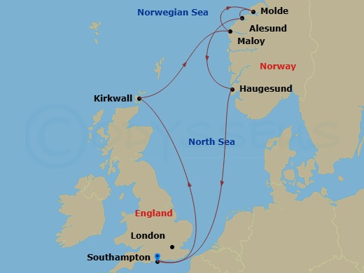8 Night - Northern Europe - MSC Meraviglia - Starting in Southampton (London), United Kingdom, Kirkwall (Orkney Islands), United Kingdom, Maloy, Norway, Molde, Norway, Alesund, Norway, Haugesund, Norway, Southampton (London), United Kingdom itinerary map