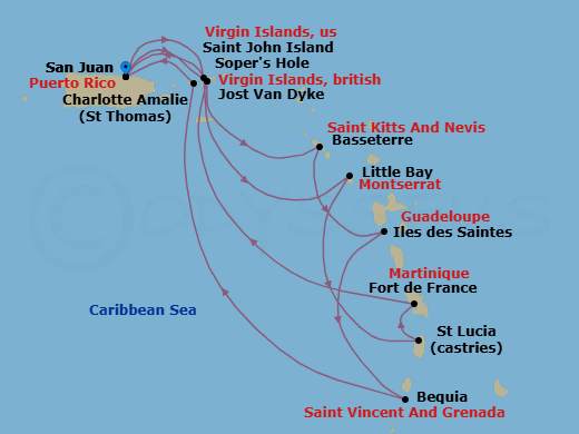 14 Night - Caribbean Roundtrip from San Juan - Silver Shadow - Starting in San Juan, Jost Van Dyke, Little Bay, Castries, Fort-de-France, Sopers Hole, San Juan, St John VI, St Kitts, Les Saintes, Bequia, St Thomas, San Juan itinerary map