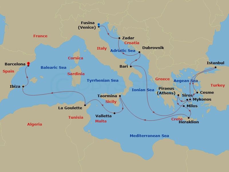 EXPLORA I - 20 Night - An Extended Journey of Timeless Culture & Magnificent Escapes - EXPLORA I - Starting in Fusina (Venice), Zadar, Dubrovnik, Croatia, Bari, Mykonos,.. itinerary map