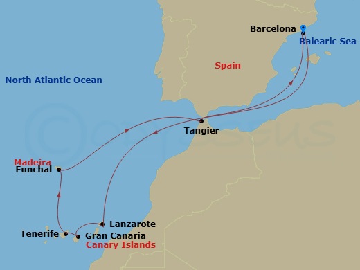 12 Night - Madeira, Canaries & Morocco - Celebrity Infinity - Starting in Barcelona, Spain, Lanzarote, Canary Islands, Gran Canaria, Canary Islands, Tenerife, Canary Islands, Madeira (Funchal), Portugal, Tangier, Morocco, Barcelona, Spain itinerary map