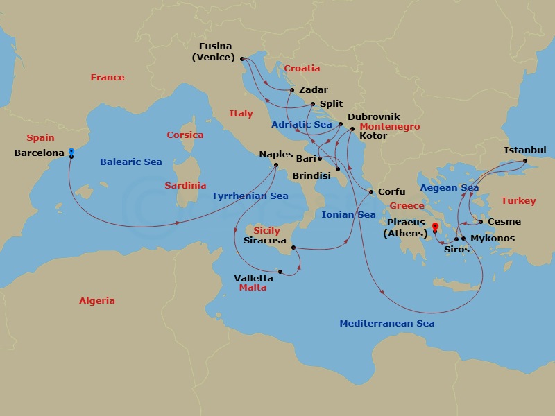 EXPLORA I - 22 Night - An Extended Journey of Creative Spirit, Enchanting Sights & Ancient Whispers - EXPLORA I - Starting in Barcelona, Port of Naples, La Valletta, Sira.. itinerary map
