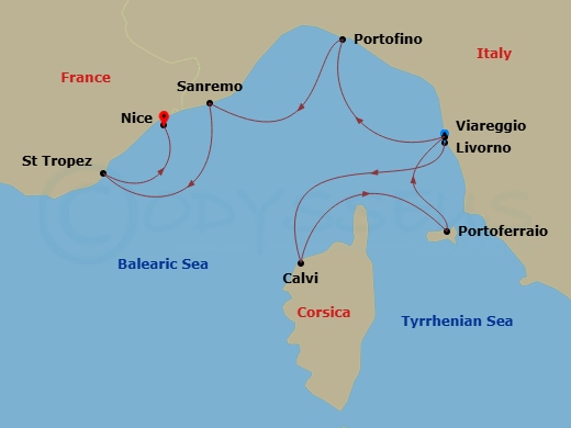 9 Night - Luxury Lifestyle, Relaxing Beats Series - Sea Cloud Spirit - Starting in Livorno, Calvi / Corsica, Portoferraio / Elba, Viareggio, Portofino, San Remo, St Tropez, Nice itinerary map