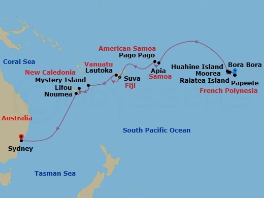 21 Night - Pearls of the Pacific - Seven Seas Splendor - Starting in Papeete (Tahiti), Moorea, Huahine, Raiatea, Bora Bora, Cruising the South Pacific, Pago Pago, Cross the International Date Line, Apia, Cruising the South Pacific, Suva, Lautoka, Cruising the South Pacific, Mystery Island, Lifou Island, Noumea, Cruising the Coral Sea, Cruising the Tasman Sea, Sydney AU itinerary map