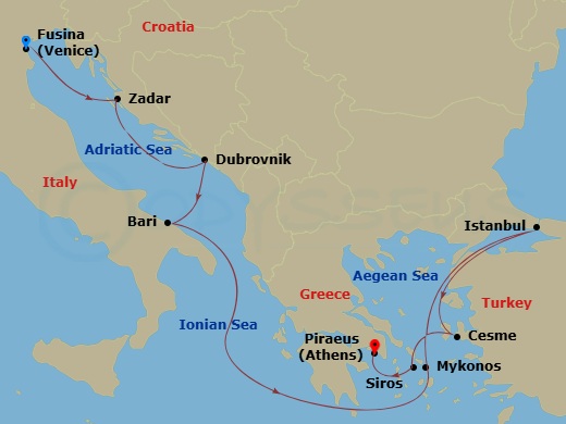 EXPLORA I - 11 Night - A Journey of Anciant Wonders & Mysteries Along the Silk Road - EXPLORA I - Starting in Fusina (Venice), Zadar, Dubrovnik, Croatia, Bari, Mykonos, I.. itinerary map