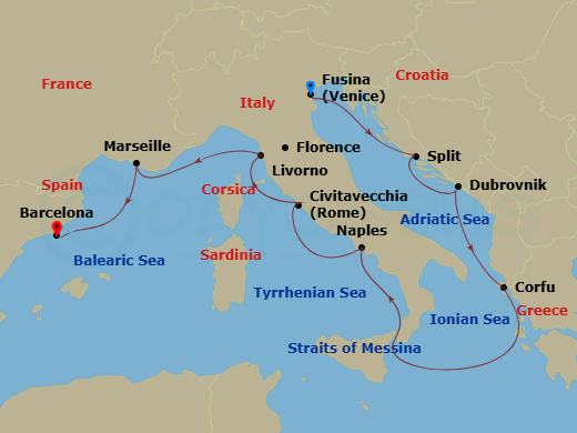 Viking Saturn - 12 Night - Mediterranean Odyssey - Viking Saturn - Starting in Venice (Fusina), Split, Dubrovnik, Croatia, Corfu (Kerkyra), Sail the Strait of Messina, Naples.. itinerary map