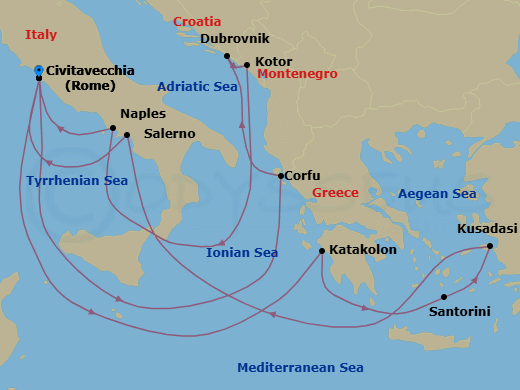 14 Night - Mediterranean, Aegean & Adriatic - Enchanted Princess - Starting in Civitavecchia (for Rome), Italy, Katakolon (for Olympia), Greece, Santorini, Greece, Kusadasi, Turkey (for Ephesus), Amalfi Coast (Salerno), Civitavecchia (for Rome), Italy, Corfu, Greece, Dubrovnik, Croatia, Kotor, Montenegro, Naples, Italy (for Capri and Pompeii), Civitavecchia (for Rome), Italy itinerary map