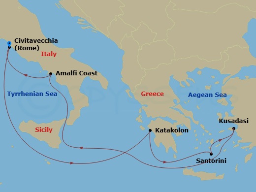 Enchanted Princess - 7 Night - Mediterranean & Aegean - Enchanted Princess - Starting in Civitavecchia (for Rome), Italy, Katakolon (for Olympia), Greece, Santorini, Greece, Kusad.. itinerary map