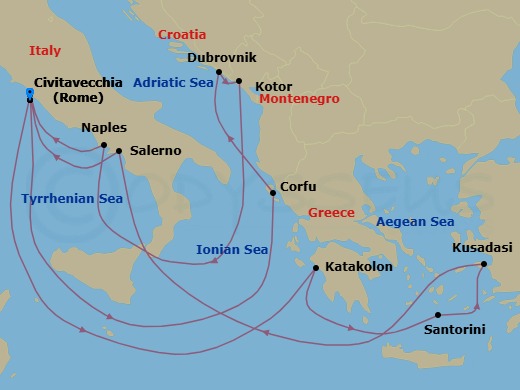 14 Night - Mediterranean, Aegean & Adriatic - Enchanted Princess - Starting in Civitavecchia (for Rome), Italy, Corfu, Greece, Dubrovnik, Croatia, Kotor, Montenegro, Naples, Italy (for Capri and Pompeii), Civitavecchia (for Rome), Italy, Katakolon (for Olympia), Greece, Santorini, Greece, Kusadasi, Turkey (for Ephesus), Amalfi Coast (Salerno), Civitavecchia (for Rome), Italy itinerary map