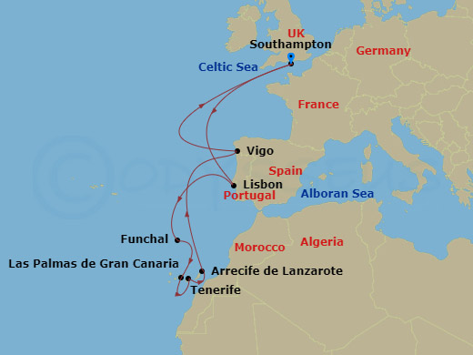 12 Night - Northern Europe - MSC Virtuosa - Starting in Southampton (London), United Kingdom, Lisbon (Cascais), Portugal, Funchal (Madeira Islands), Portugal, Las Palmas de Gran Canaria (Canary Islands), Spain, Santa Cruz de Tenerife, Arrecife De Lanzarote (Canary Islands), Spain, Vigo (Santiago De Compostela), Spain, Southampton (London), United Kingdom itinerary map