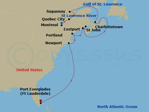 14 Night - Canada & New England Scenic Shores - Viking Mars - Starting in Montreal, Quebec, Quebec City, Quebec, Saguenay, Quebec, Sail the Gulf of St Lawrence, Prince Edward Island (Charlottetown), Scenic Sailing St Lawrence Seaway, Sail the Nova Scotia Coast, Saint John NB, New Brunswick, Eastport, Maine, Portland ME, Newport, Rhode Island, Sail the Atlantic Ocean, Fort Lauderdale, Florida itinerary map